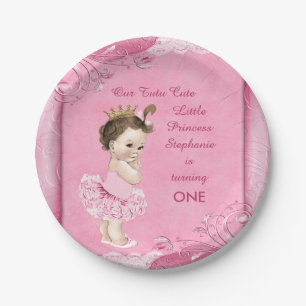 Plato De Papel Tutu Cute 1er cumpleaños Brunette Princesa Faux La