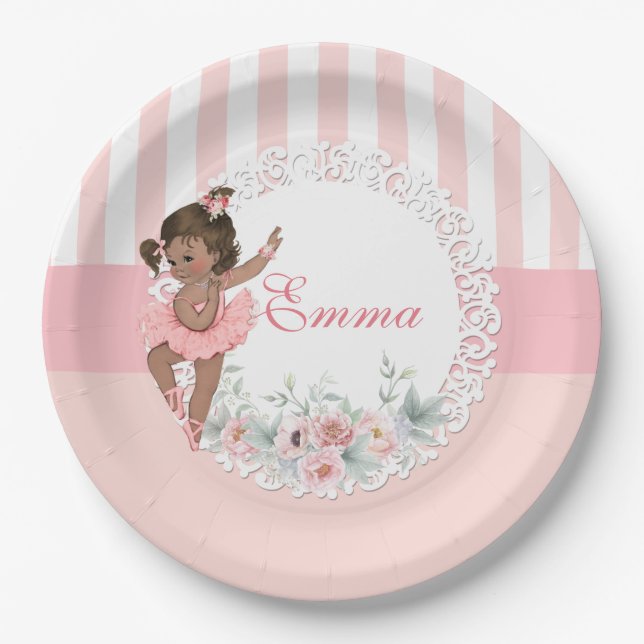 Plato De Papel Tutu de bailarina rosa rayas flores encaje (Anverso)