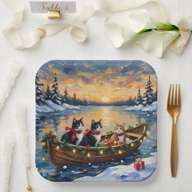 Plato De Papel Tuxedo Cat Christmas Boat Holiday (Boda)