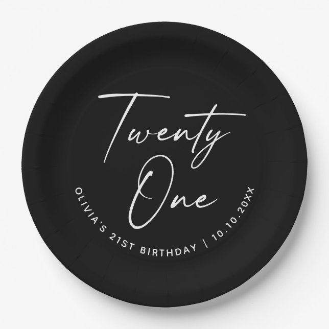 Plato De Papel Twenty One Birthday | Black Minimalist 21st Party (Anverso)