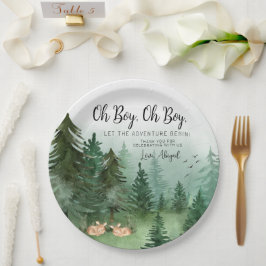 Plato De Papel Twin Boy Deer Woodland Round Baby Shower