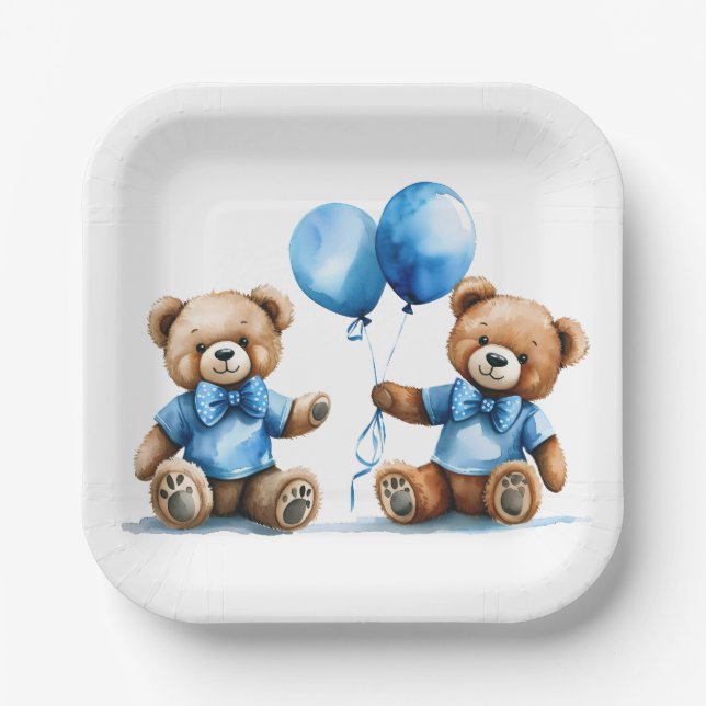 Plato De Papel Twin Boy Teddy Osos Con Globos Azules (Anverso)