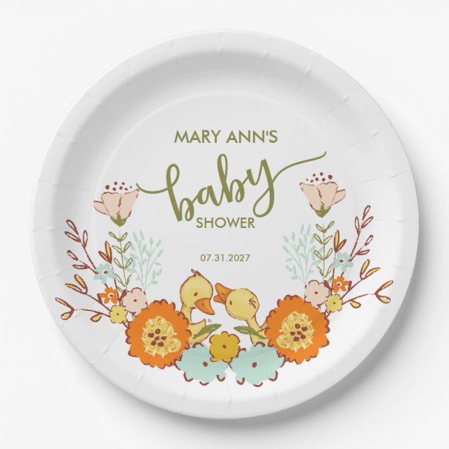 Plato De Papel Twin Ducklings Baby Shower (Anverso)