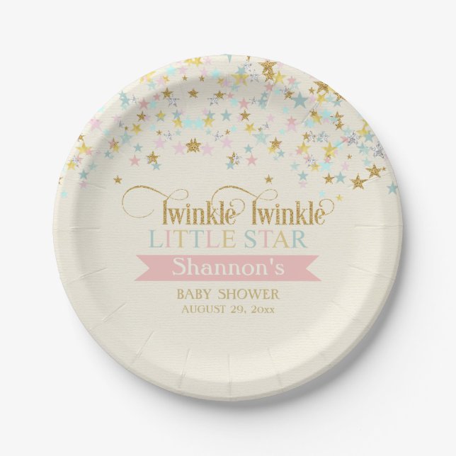 Plato De Papel Twinkle Little Star Baby Shower Gold Aqua Pink (Anverso)