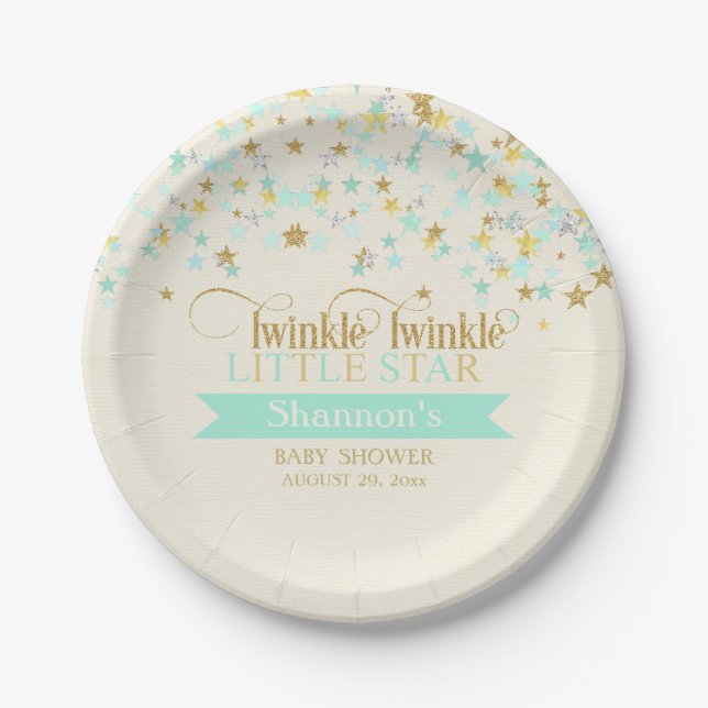 Plato De Papel Twinkle Little Star Baby Shower Mint Green (Anverso)