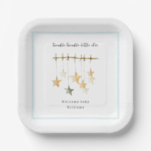 Plato De Papel Twinkle Little Star Boho Azul Baby Shower