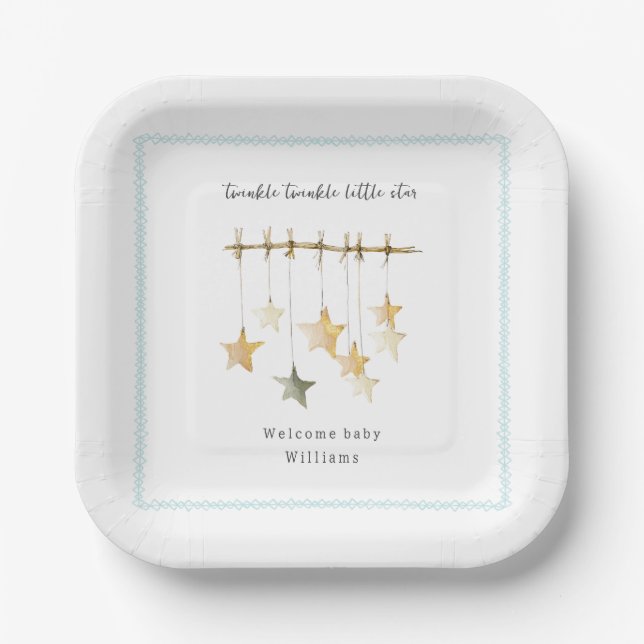 Plato De Papel Twinkle Little Star Boho Blue Boy Baby Shower (Anverso)