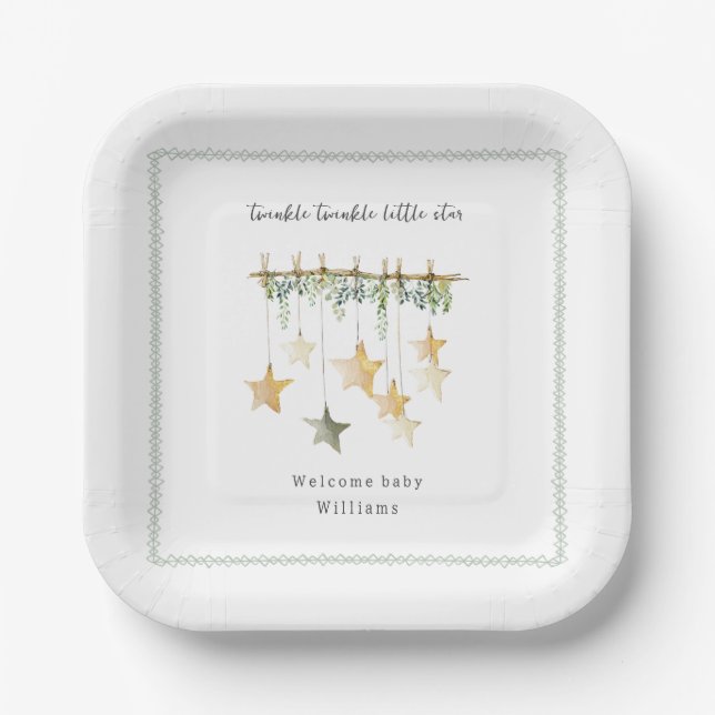 Plato De Papel Twinkle Little Star Boho Botanical Baby Shower (Anverso)