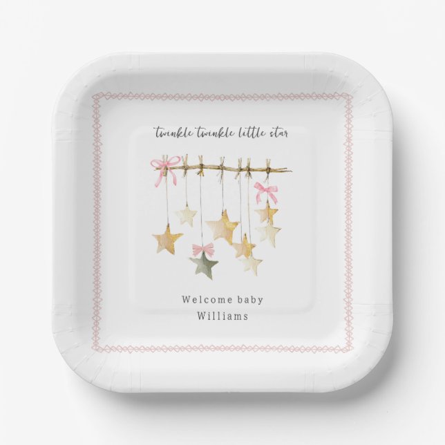 Plato De Papel Twinkle Little Star Boho Bows Baby Shower (Anverso)