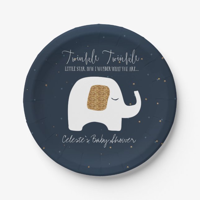 Plato De Papel Twinkle Little Star Elephant Baby Shower Plate (Anverso)