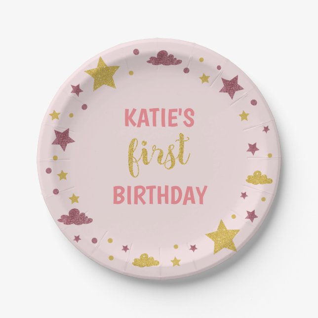 Plato De Papel Twinkle Little Star First Birday Baby Pink (Anverso)