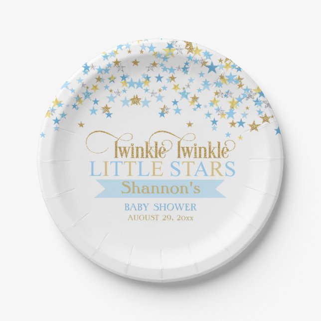 Plato De Papel Twinkle Little Stars Baby Twins Blue Gold (Anverso)