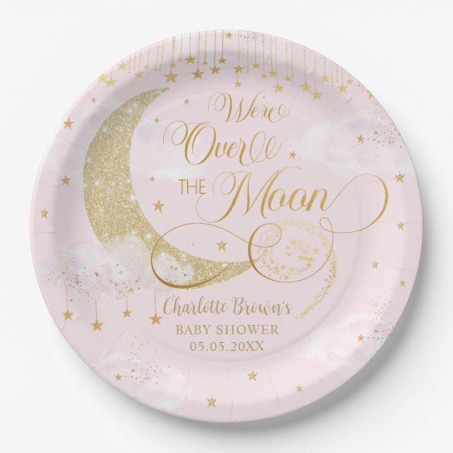 Plato De Papel Twinkle Little Stars Moon Pastel Pink Baby Shower (Anverso)