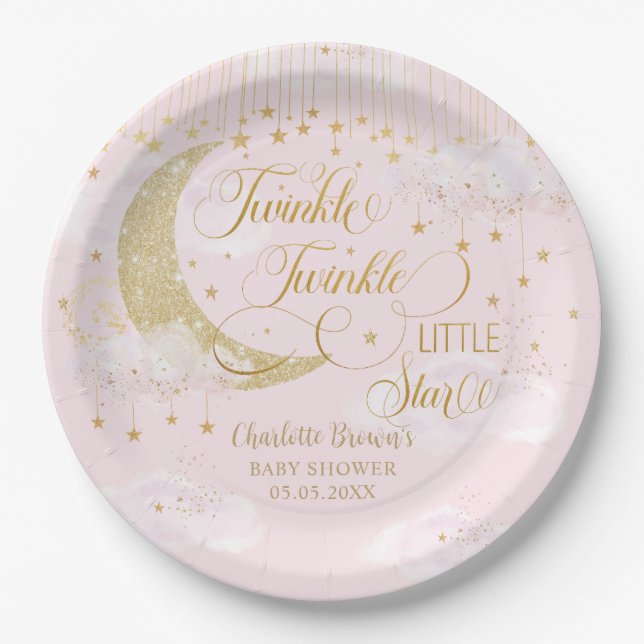 Plato De Papel Twinkle Little Stars Moon Pastel Pink Baby Shower (Anverso)