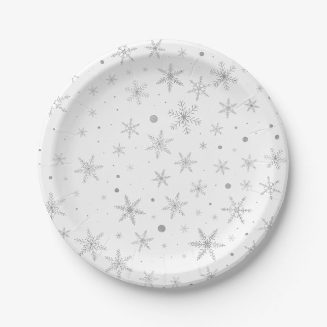 Plato De Papel Twinkle Snowflake - Blanco y gris plateado (Anverso)