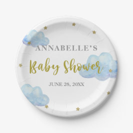 Plato De Papel Twinkle Star Blue Clouds Watercolor Baby Shower