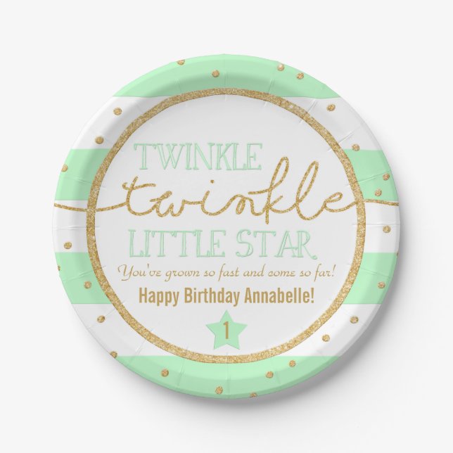 Plato De Papel Twinkle Twinkle Mint y Gold Birday Placas (Anverso)