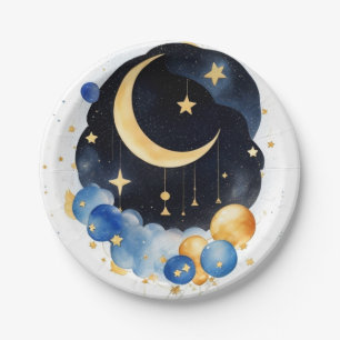 Plato De Papel Twinkling Sky Baby Shower Moon & Stars Tema