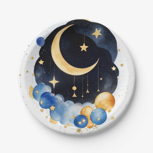 Plato De Papel Twinkling Sky Baby Shower Moon & Stars Tema (Anverso)