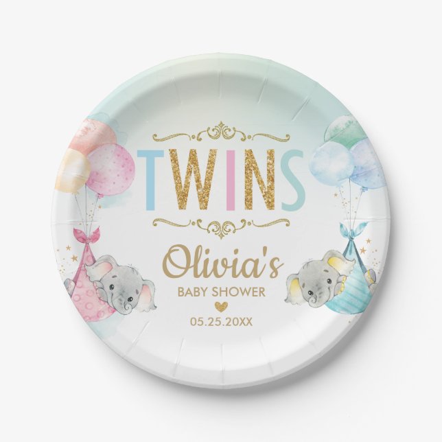 Plato De Papel Twins Baby Girl Elephant Balloons Baby Shower (Anverso)