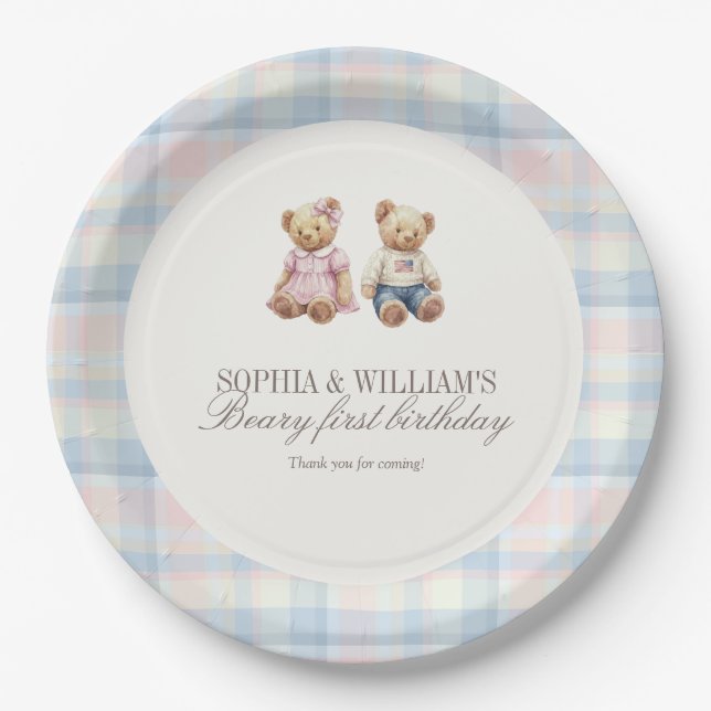 Plato De Papel Twins Beary First Teddy Bear Birthday Plates  (Anverso)