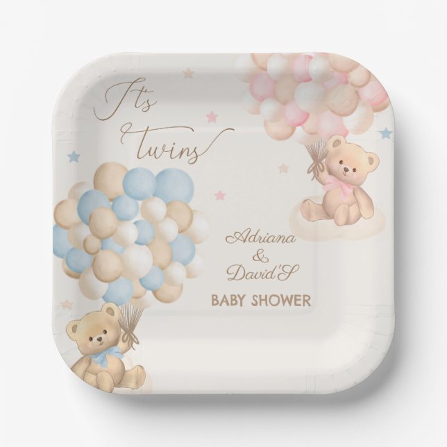 Plato De Papel Twins Boy and Chica Pink Blue Baby Shower (Anverso)