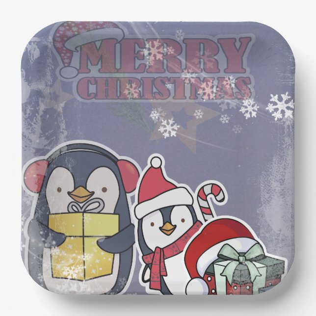 Plato De Papel Two Cue cartoon Penguins ready for Christmas (Anverso)