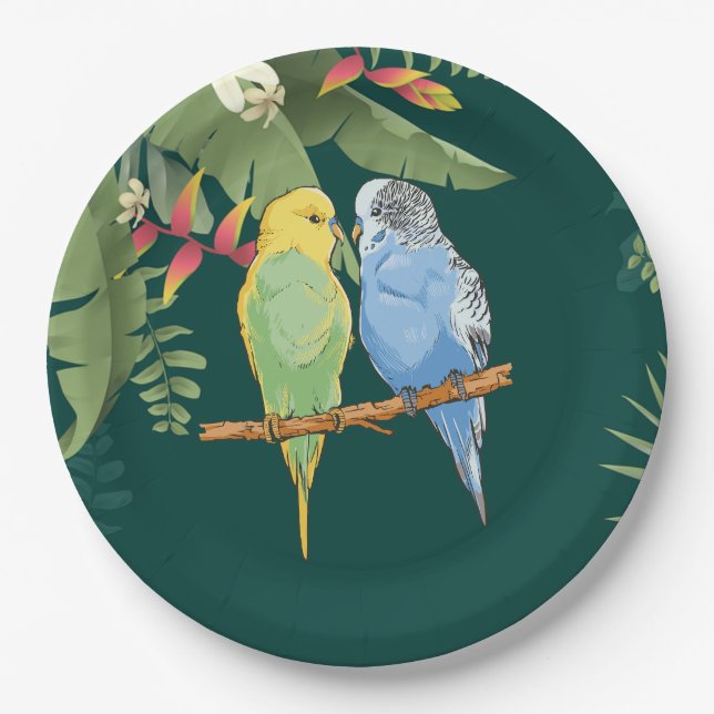 Plato De Papel Two cute blue and green Budgies (Anverso)