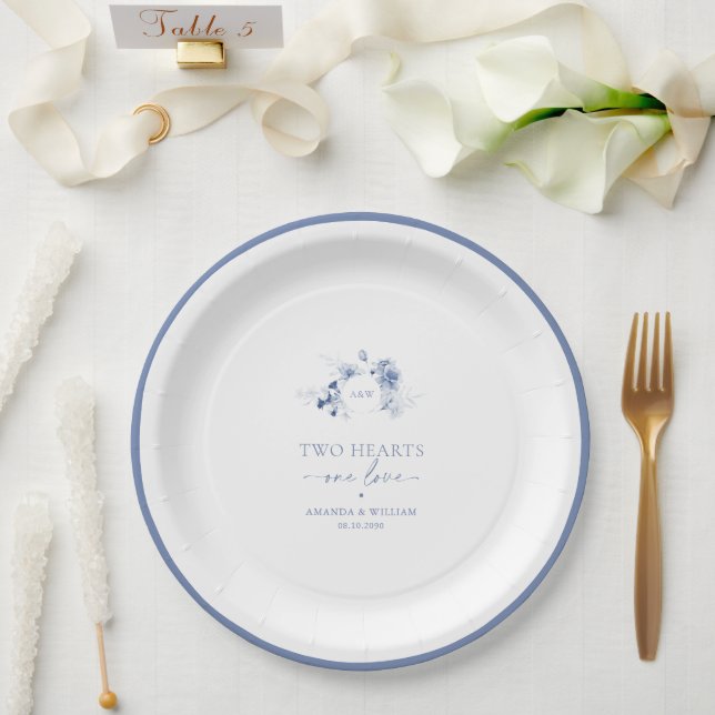Plato De Papel Two Hearts · One Love Dusty Blue Wedding  (Boda)