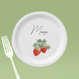 Plato De Papel Two Red Strawberries with Leaves & Flowers | Fruit