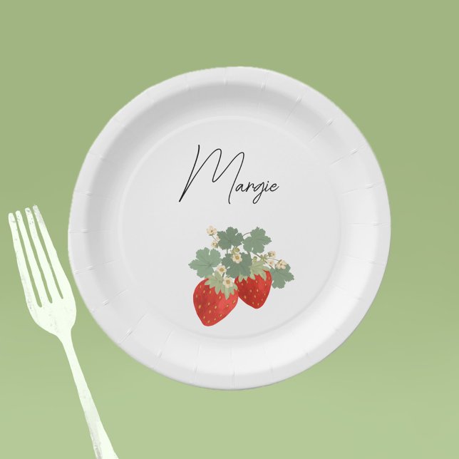 Plato De Papel Two Red Strawberries with Leaves & Flowers | Fruit (Subido por el creador)