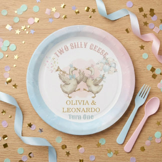 Plato De Papel Two Silly Geese Boy & Girl Twins Birthday