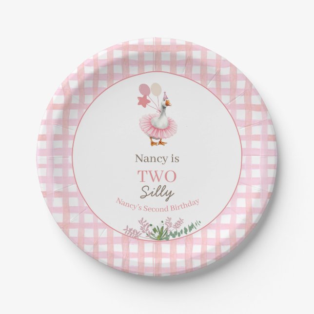 Plato De Papel Two Silly Goose Cumpleaños 2º Rosa  (Anverso)