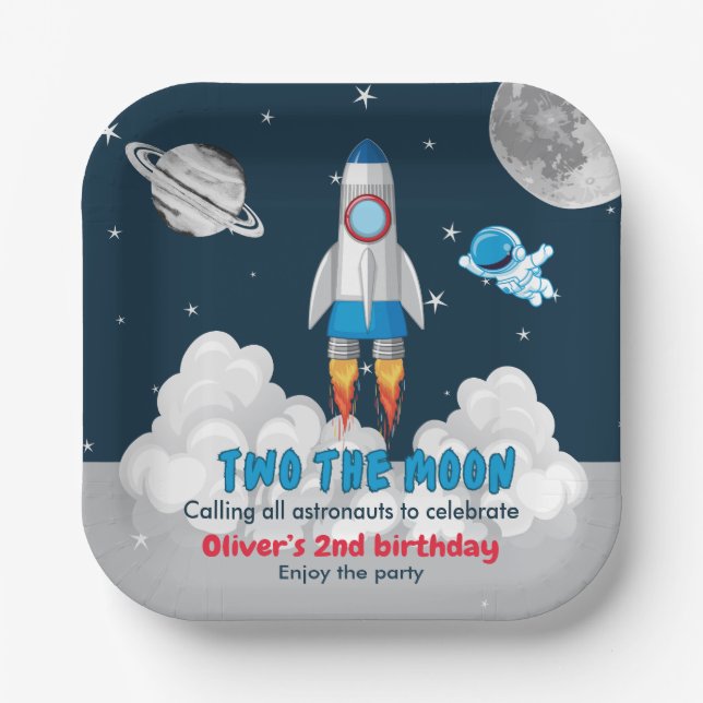 Plato De Papel Two The Moon Boy Space Rocket 2nd Birthday  (Anverso)