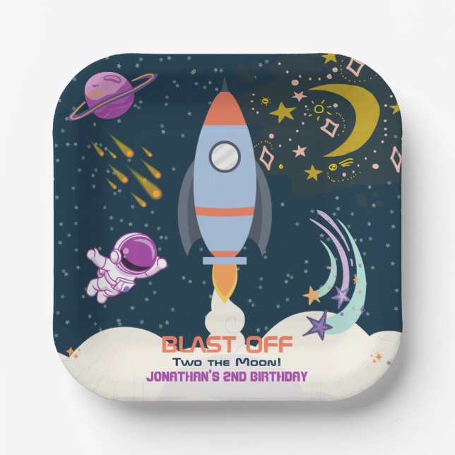 Plato De Papel Two The Moon Boy Space Rocket 2nd Birthday (Anverso)