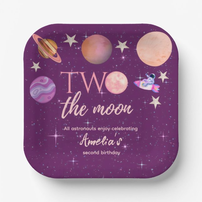 Plato De Papel Two The Moon Girl Space Pink Planets 2nd Bday (Anverso)
