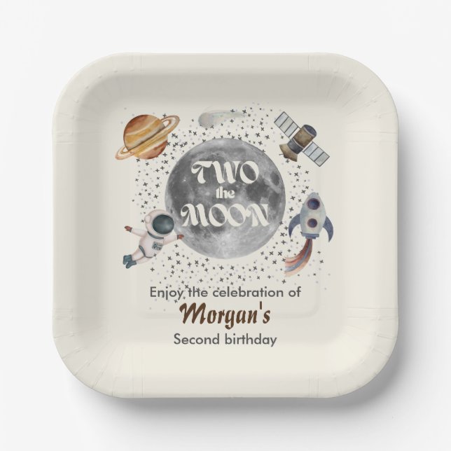 Plato De Papel Two The Moon Planets Gender Neutral 2nd Birthday  (Anverso)