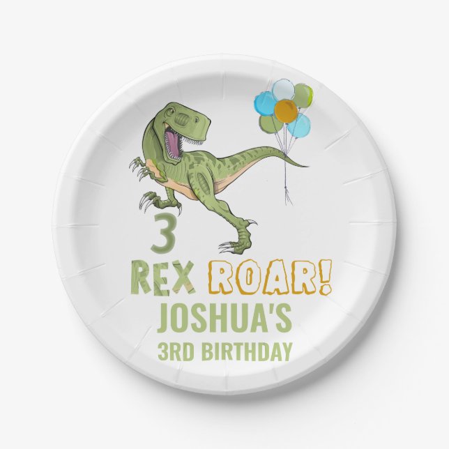 Plato De Papel Tyrannosaurus Tres Rex Dino Tercer Cumpleaños (Anverso)