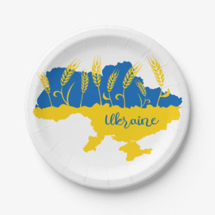 Plato De Papel Ukraine typography and wheat ear on Ukrainian flag