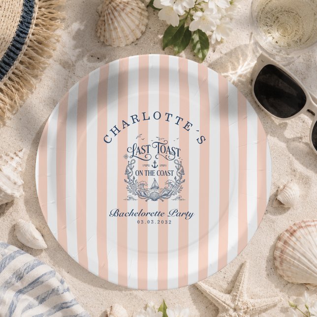 Plato De Papel ¡Último brindis en la costa! Fiesta de Despedida d (Last Toast on the Coast! Bachelorette Party Peach Blush Stripes Paper Plates)