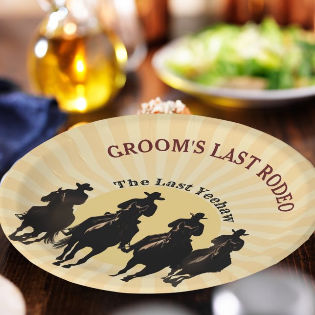 Plato De Papel Último partido de soltero de rodeo de Cowboy Sunse (Groom’s Last Rodeo Cowboy Sunset Bachelor Party Paper Plates)