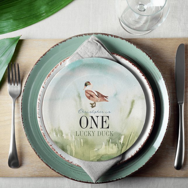 Plato De Papel Un afortunado pato acuarela niño primer cumpleaños (One Lucky Duck 1st Birthday Paper Plate)