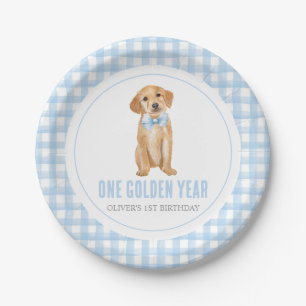 Plato De Papel Un año dorado Cachorro preppy cuadros 1 cumpleaños