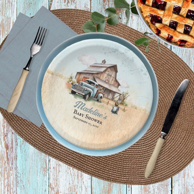 Plato De Papel Un Baby Shower de un pequeño granjero. ("A Cute Little Farm Boy Is On His Way!" Rustic Barn and Vintage Truck Boy Baby Shower Paper Plates)