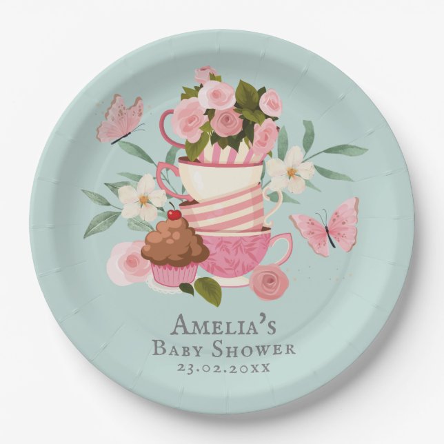 Plato De Papel Un bebé está preparando toallas florales Ducha beb (Anverso)