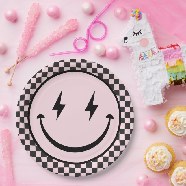 Plato De Papel Un bebé feliz rosado feliz cara primer cumpleaños (Fiesta)