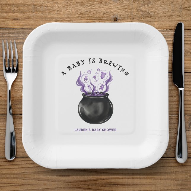 Plato De Papel Un bebé prepara Baby Shower de Cauldron Halloween (A Baby is Brewing Cauldron Halloween Baby Shower Paper Plates
)