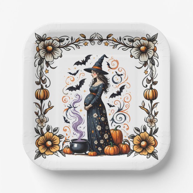 Plato De Papel Un bebé prepara Baby Shower de Halloween (Anverso)