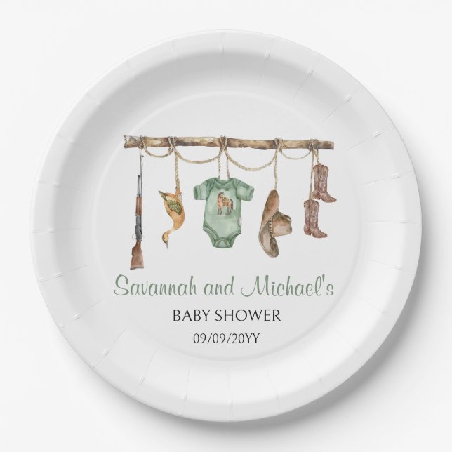 Plato De Papel Un cazador está en camino Fiesta de Baby Shower (Anverso)