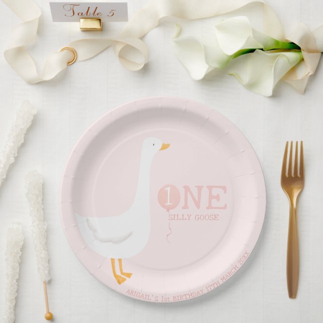 Plato De Papel Un Chica rosado y tonto de oca, primer cumpleaños (Boda)